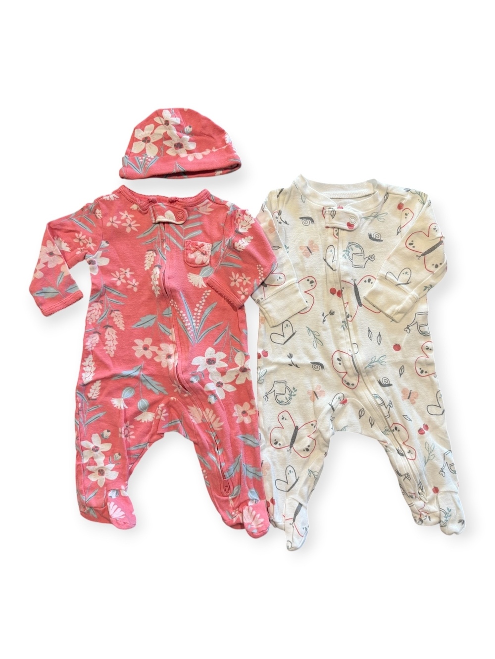 Carter's Girls 3M Footed Sleepers PJ 2-Pack with Hat, Floral & Butterfly Prints